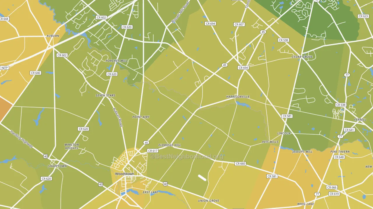 Map of the best neighborhoods in the Harrisonville area, with better matches in green and worse matches in red