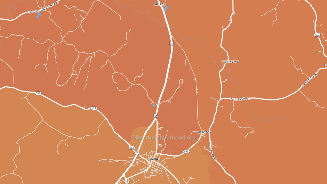 Map of the best neighborhoods in the Harriston area, with better matches in green and worse matches in red