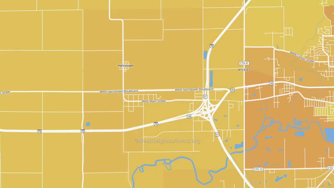 Map of the best neighborhoods in the Harristown area, with better matches in green and worse matches in red
