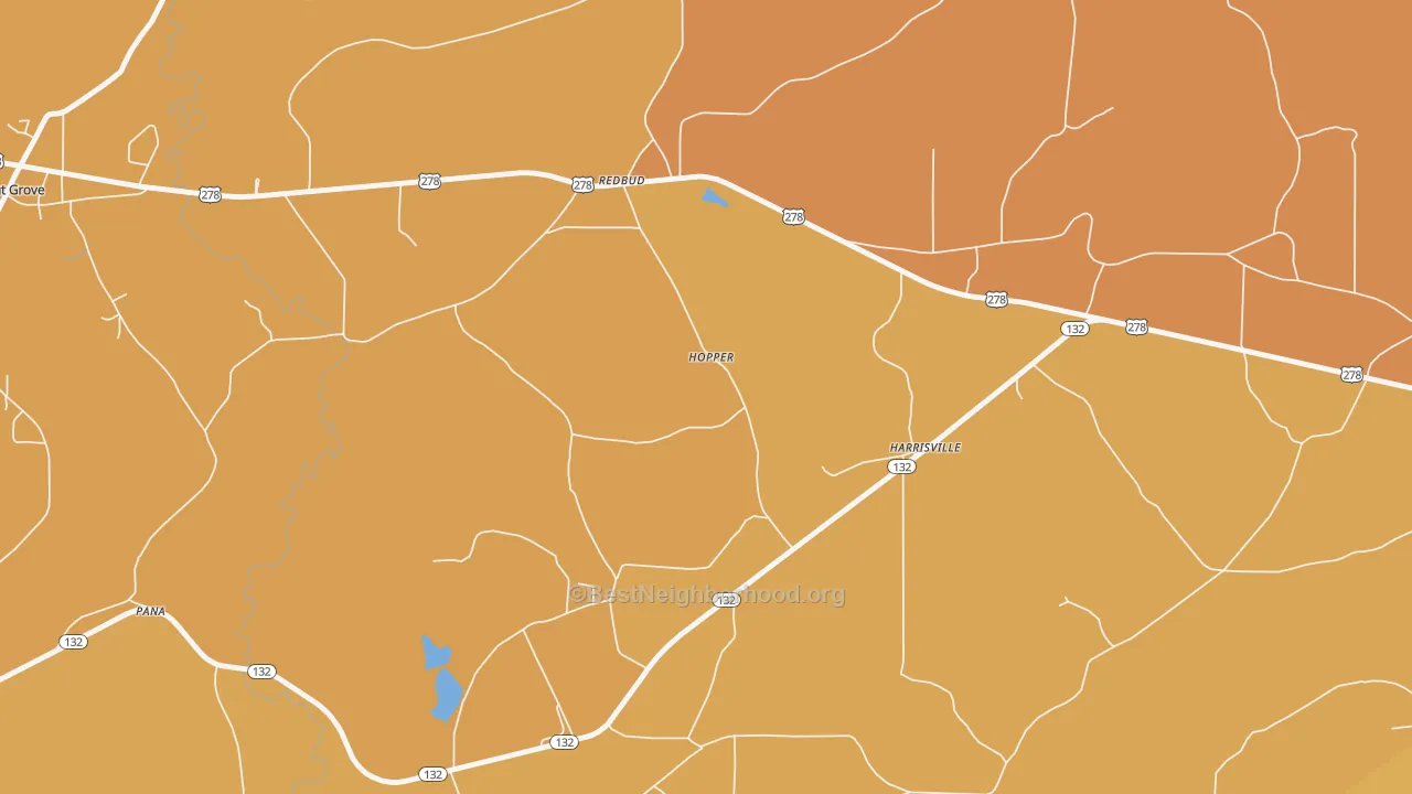 Map of the best neighborhoods in the Harrisville area, with better matches in green and worse matches in red
