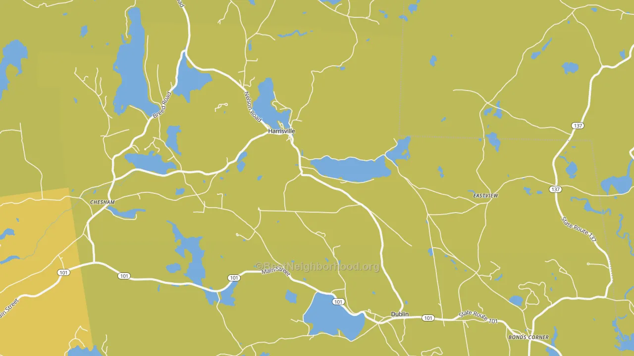 Map of the best neighborhoods in the Harrisville area, with better matches in green and worse matches in red