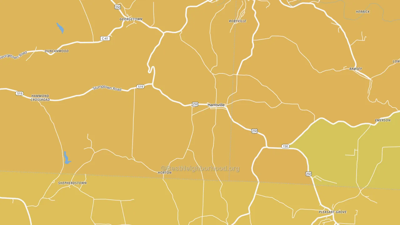 Map of the best neighborhoods in the Harrisville area, with better matches in green and worse matches in red