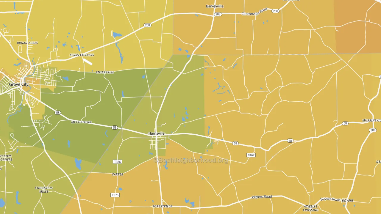 Map of the best neighborhoods in the Harrisville area, with better matches in green and worse matches in red