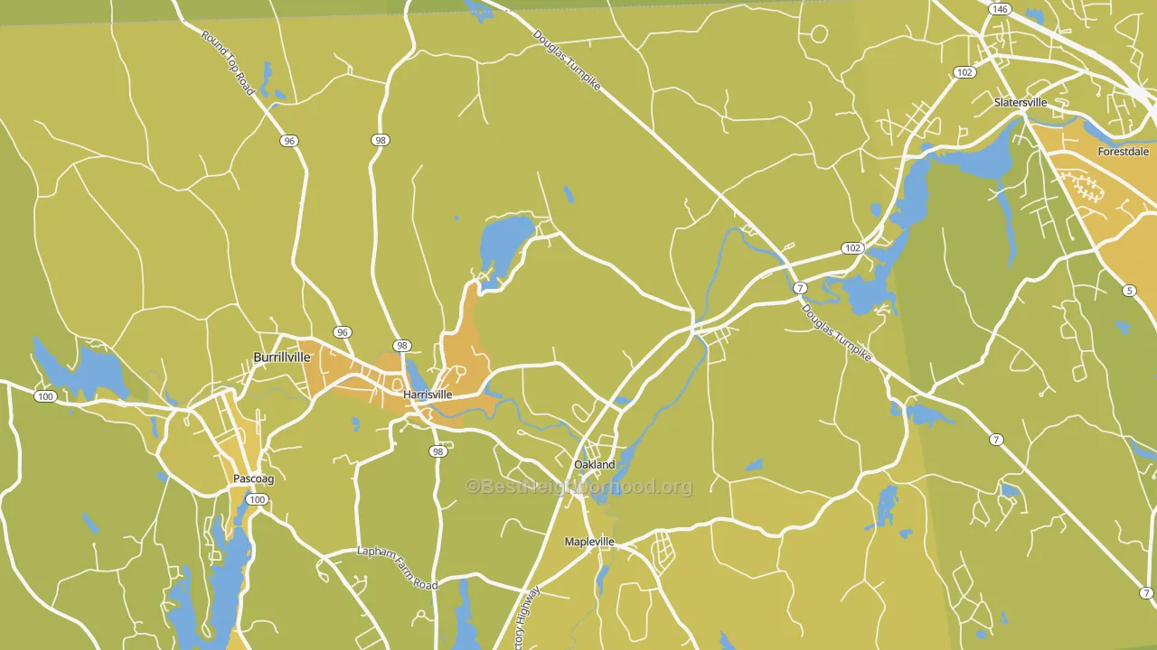 Map of the best neighborhoods in the Harrisville area, with better matches in green and worse matches in red
