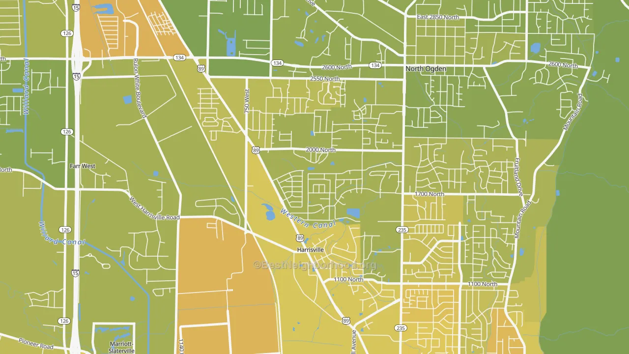 Map of the best neighborhoods in the Harrisville area, with better matches in green and worse matches in red