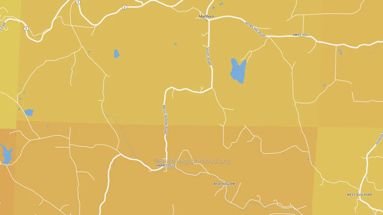 Map of the best neighborhoods in the Harrisville area, with better matches in green and worse matches in red