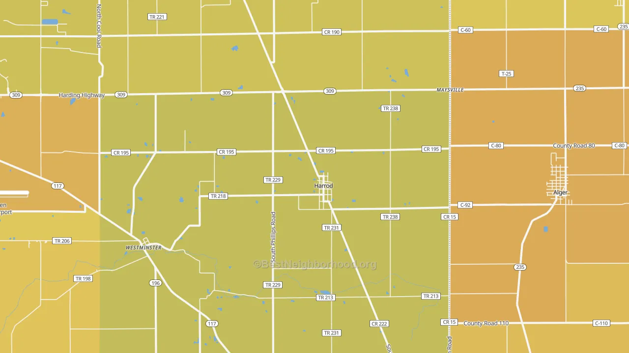 Map of the best neighborhoods in the Harrod area, with better matches in green and worse matches in red