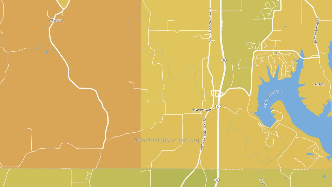 Map of the best neighborhoods in the Harrodsburg area, with better matches in green and worse matches in red