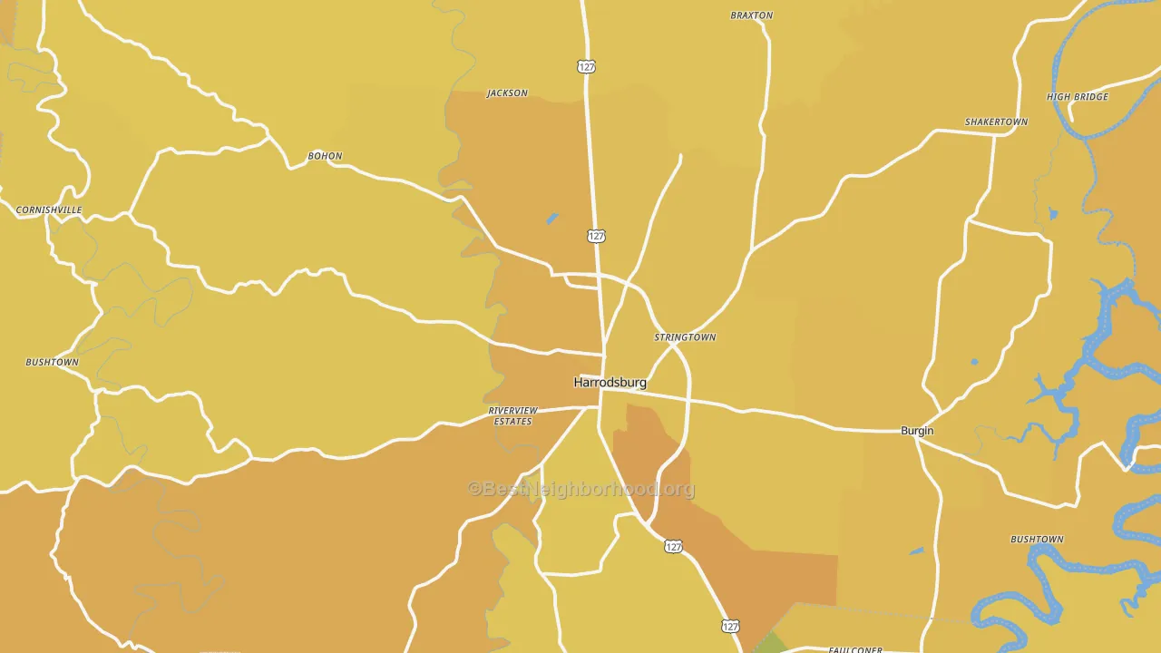 Map of the best neighborhoods in the Harrodsburg area, with better matches in green and worse matches in red