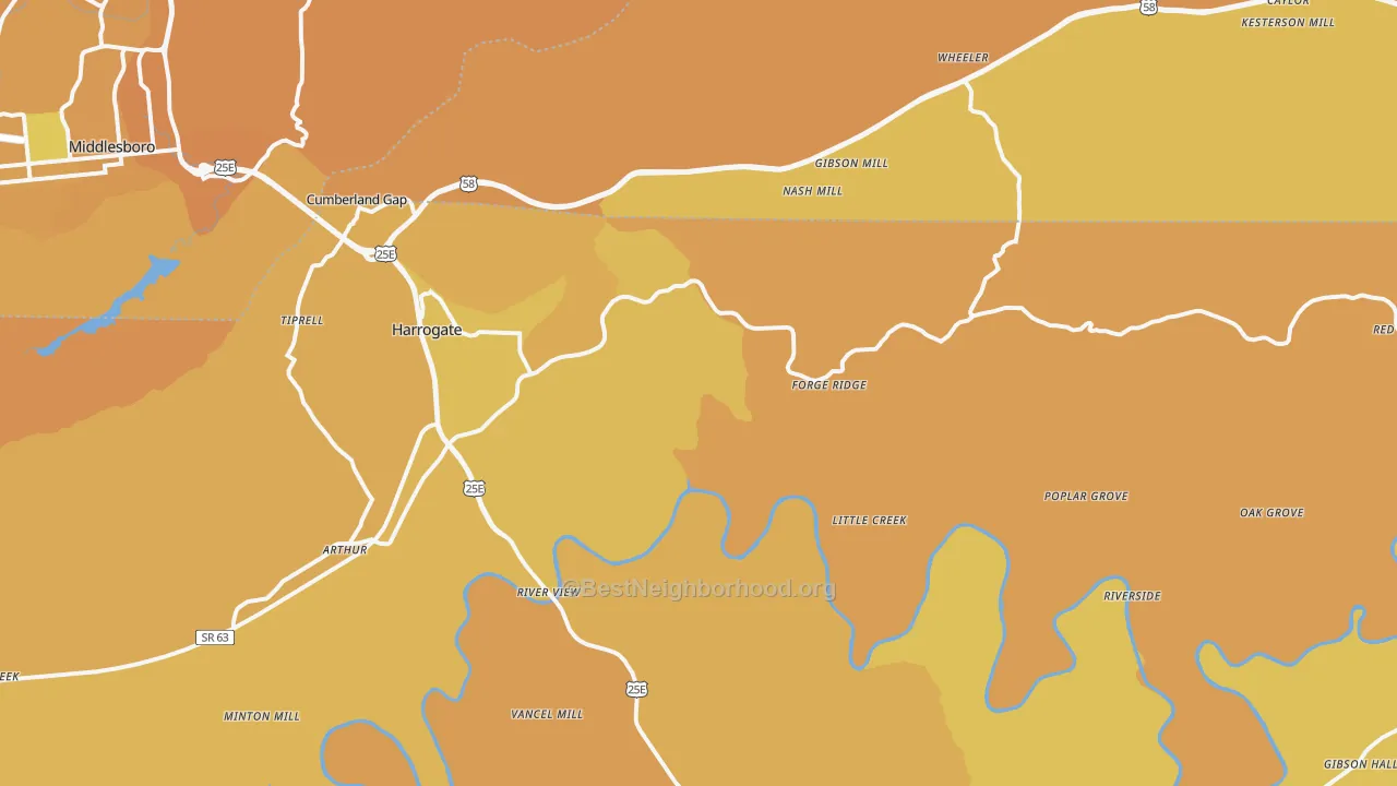 Map of the best neighborhoods in the Harrogate area, with better matches in green and worse matches in red
