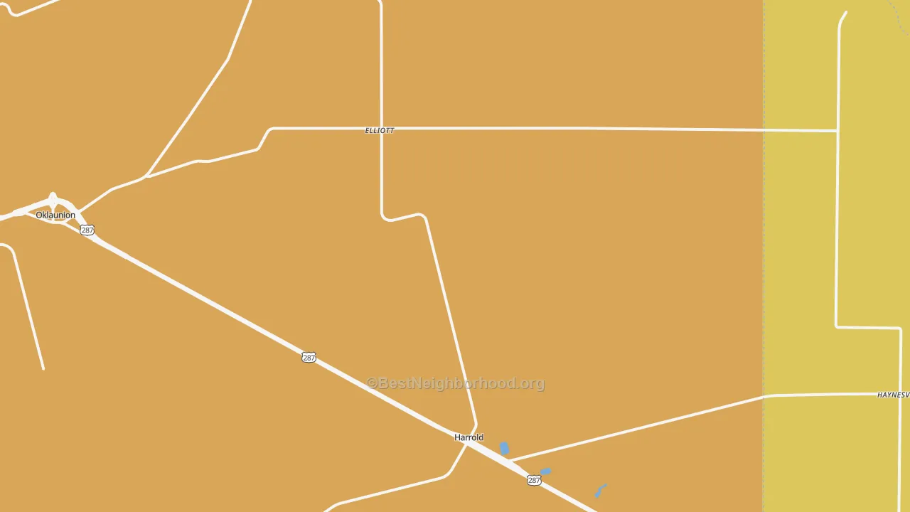 Map of the best neighborhoods in the Harrold area, with better matches in green and worse matches in red