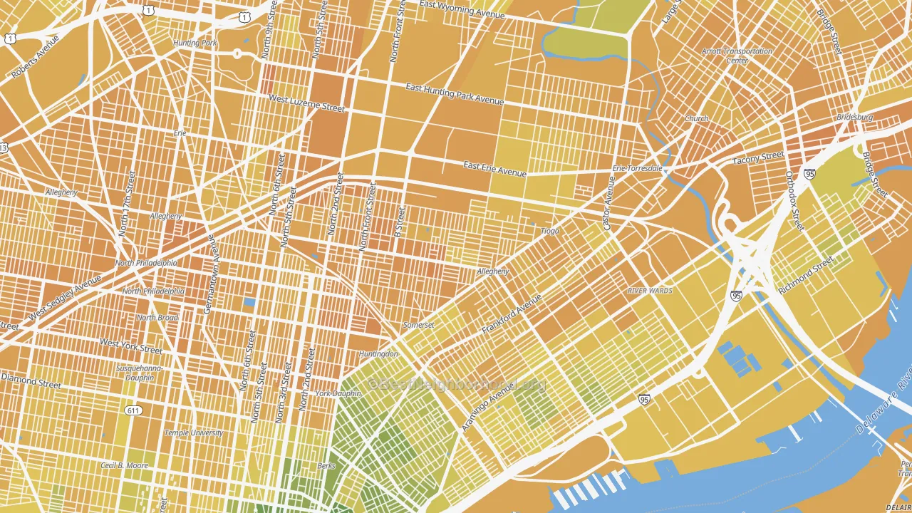 Map of the best neighborhoods in the Harrowgate, Philadelphia area, with better matches in green and worse matches in red