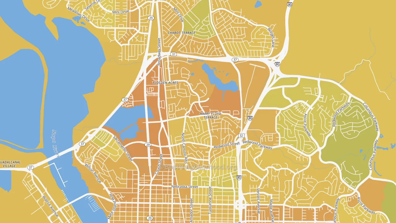Map of the best neighborhoods in the Harry Floyd Terrace, Vallejo area, with better matches in green and worse matches in red
