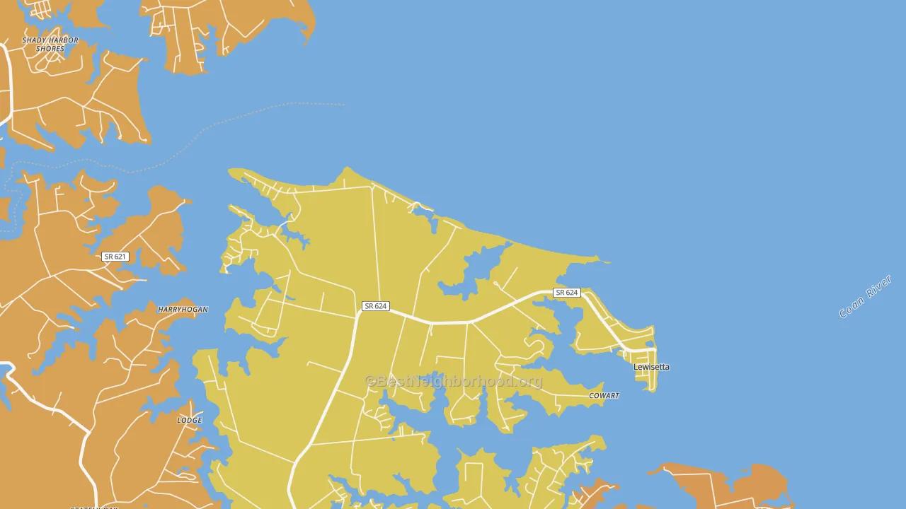 Map of the best neighborhoods in the Harryhogan area, with better matches in green and worse matches in red