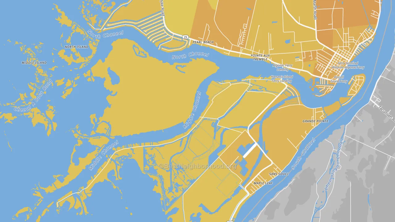 Map of the best neighborhoods in the Harsens Island area, with better matches in green and worse matches in red