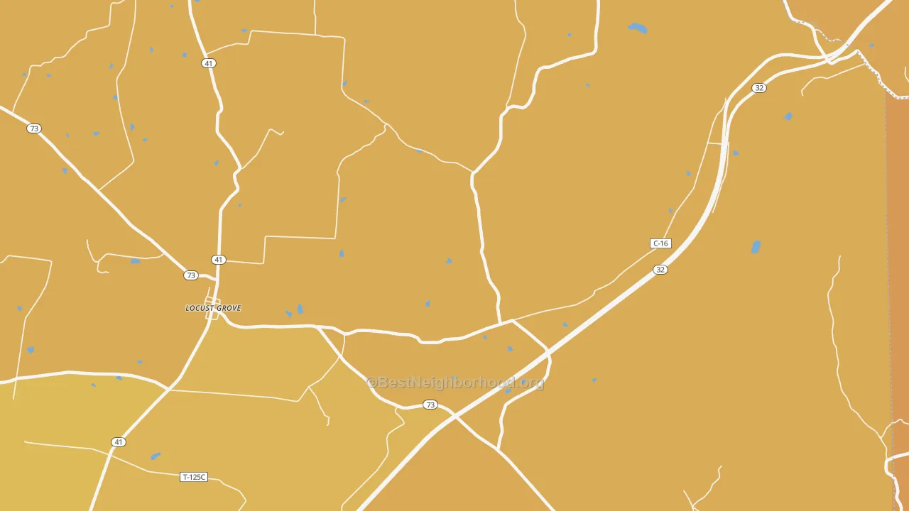Map of the best neighborhoods in the Harshasville area, with better matches in green and worse matches in red