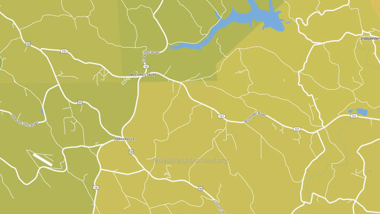 Map of the best neighborhoods in the Harshaville area, with better matches in green and worse matches in red