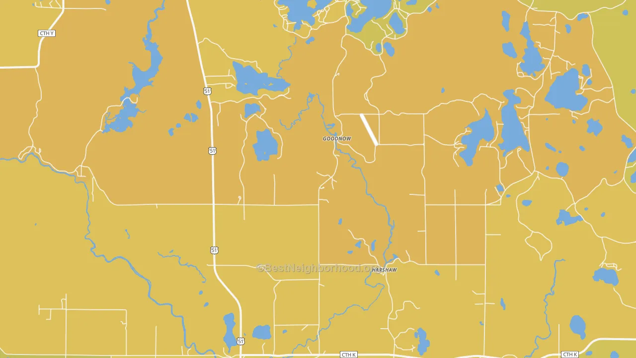 Map of the best neighborhoods in the Harshaw area, with better matches in green and worse matches in red