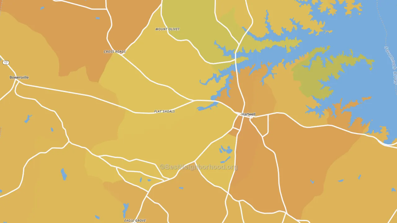 Map of the best neighborhoods in the Hart County area, with better matches in green and worse matches in red