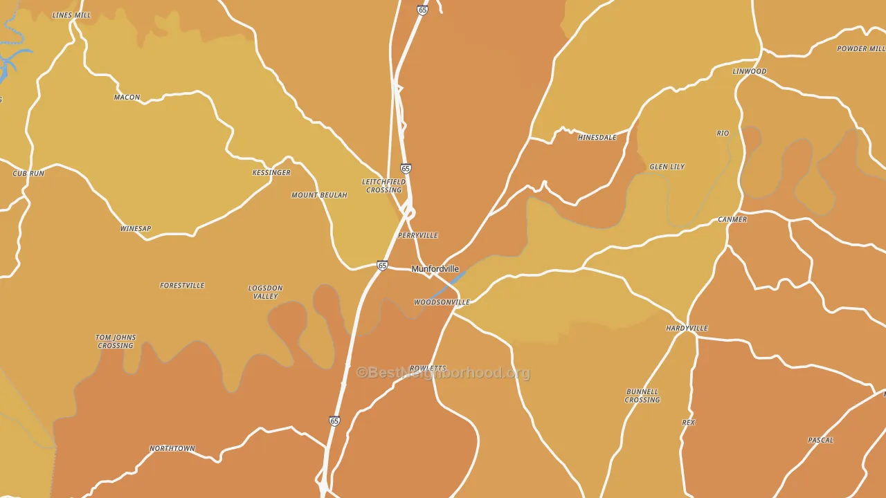 Map of the best neighborhoods in the Hart County area, with better matches in green and worse matches in red