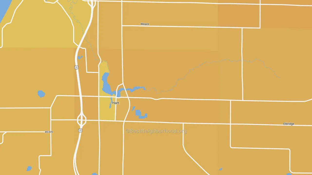 Map of the best neighborhoods in the Hart area, with better matches in green and worse matches in red