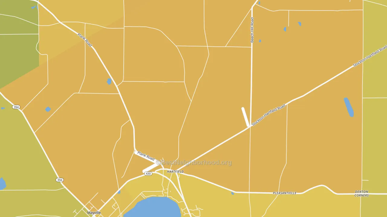 Map of the best neighborhoods in the Hartfield area, with better matches in green and worse matches in red
