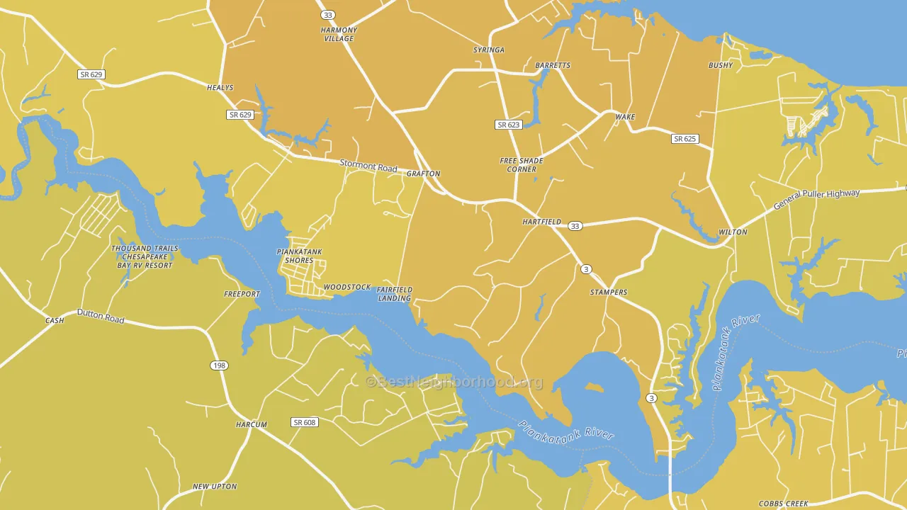 Map of the best neighborhoods in the Hartfield area, with better matches in green and worse matches in red