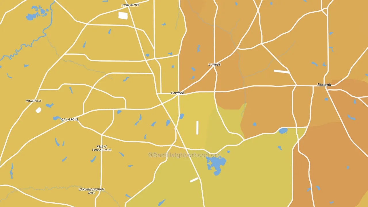 Map of the best neighborhoods in the Hartford area, with better matches in green and worse matches in red