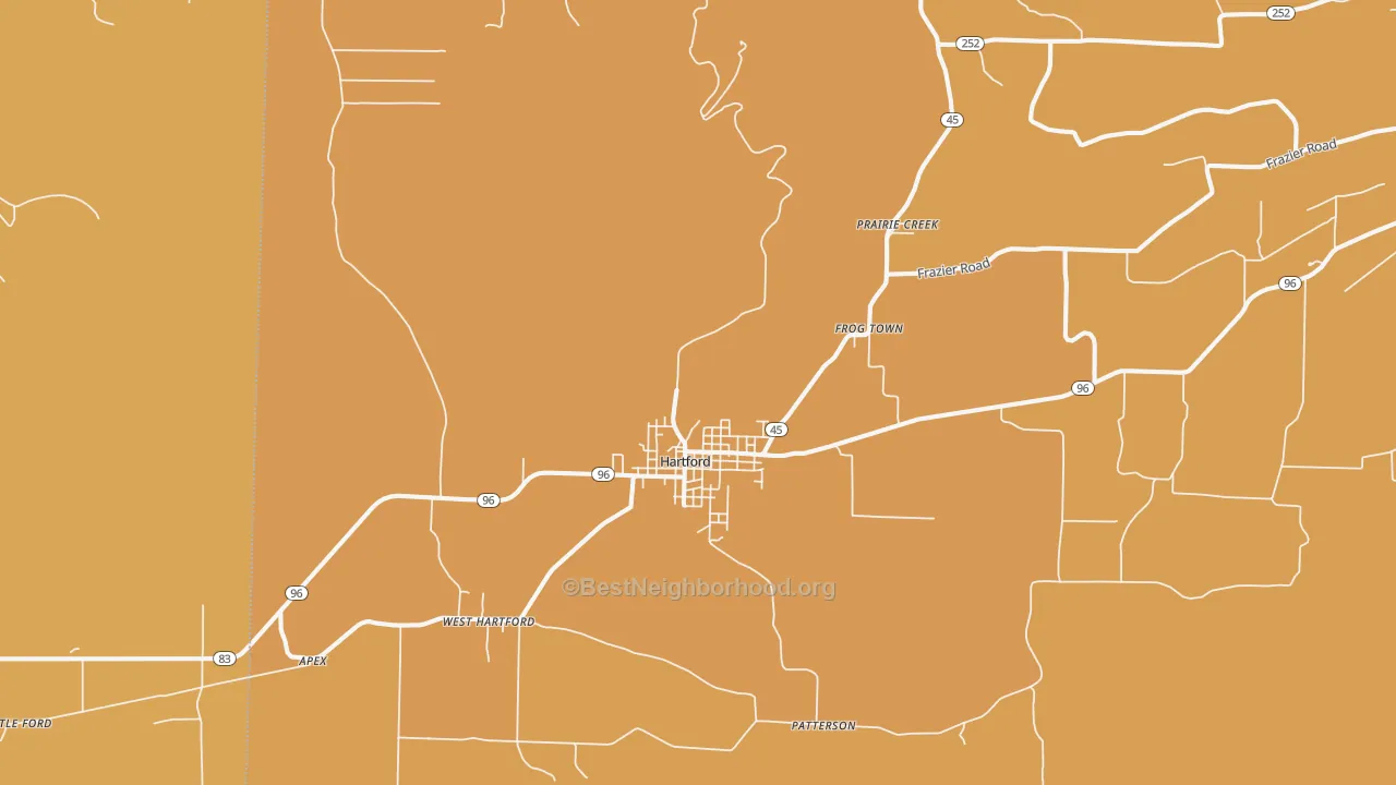 Map of the best neighborhoods in the Hartford area, with better matches in green and worse matches in red