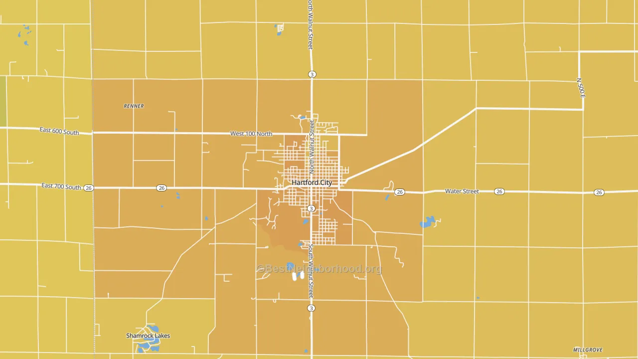 Map of the best neighborhoods in the Hartford City area, with better matches in green and worse matches in red
