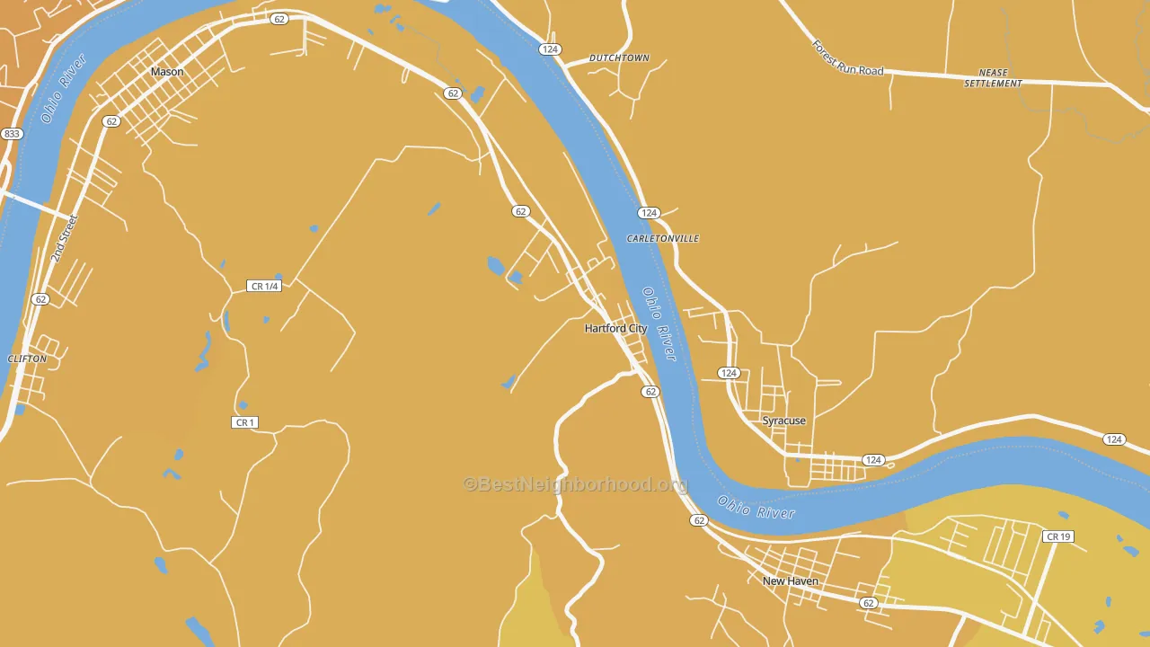 Map of the best neighborhoods in the Hartford City area, with better matches in green and worse matches in red