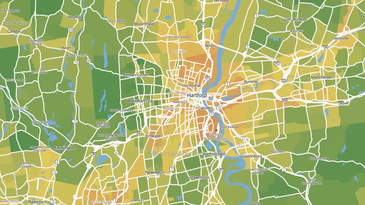 Map of the best neighborhoods in the Hartford Metro area, with better matches in green and worse matches in red