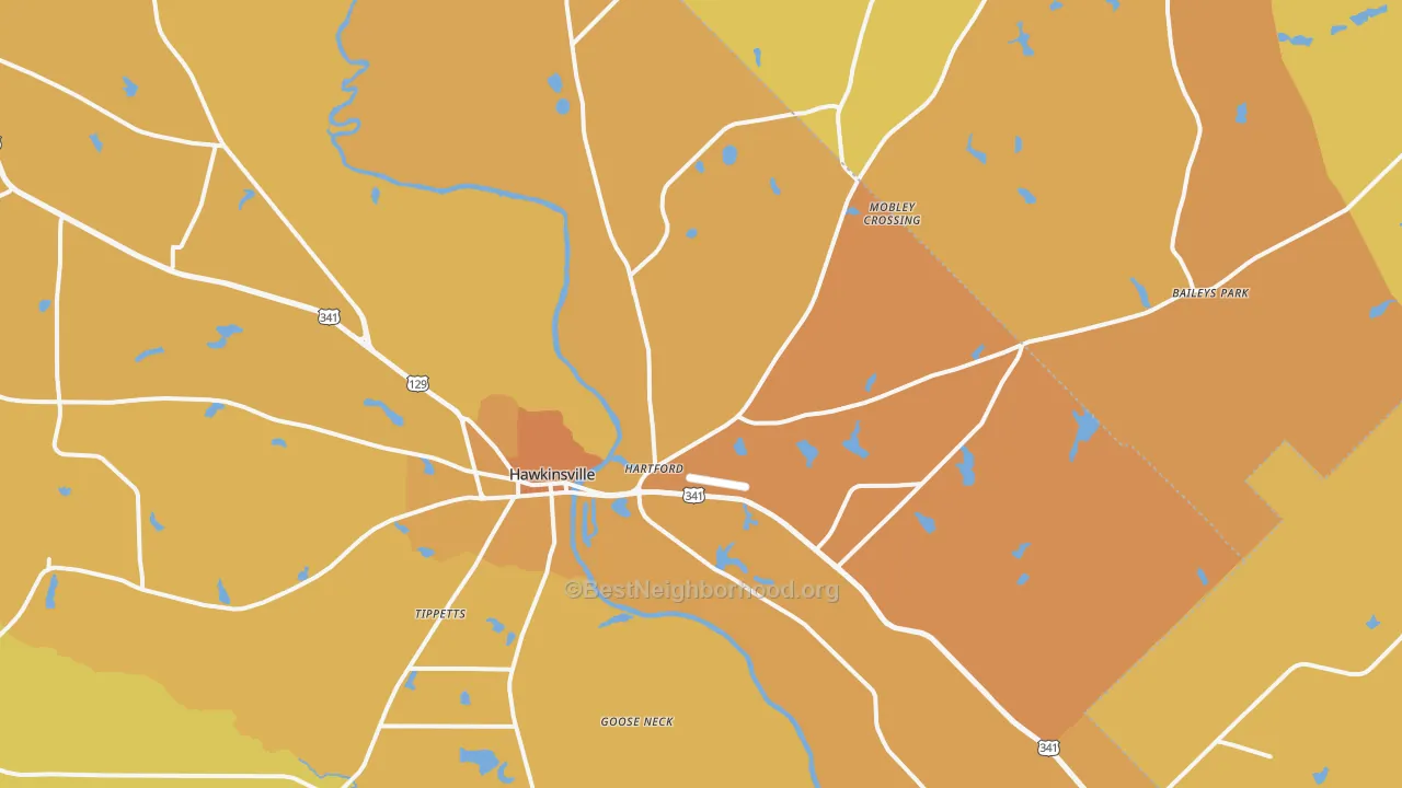 Map of the best neighborhoods in the Hartford area, with better matches in green and worse matches in red