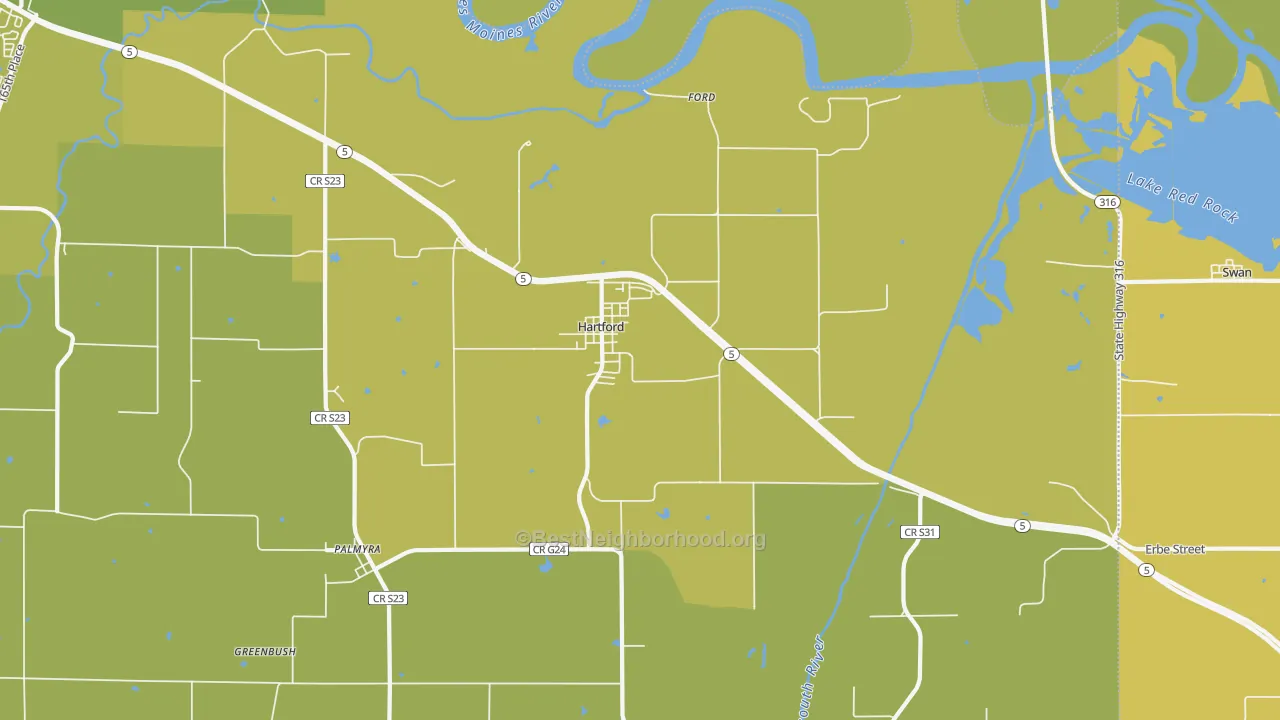 Map of the best neighborhoods in the Hartford area, with better matches in green and worse matches in red
