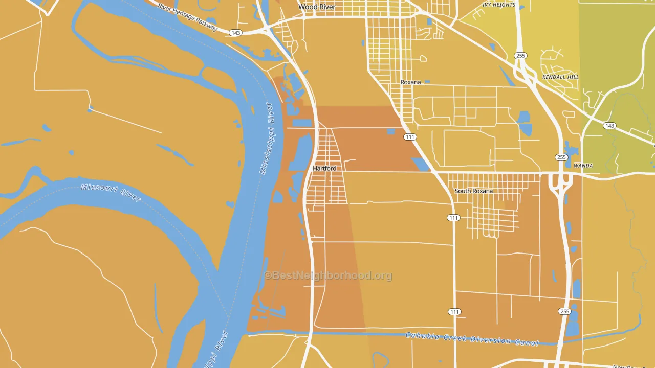 Map of the best neighborhoods in the Hartford area, with better matches in green and worse matches in red