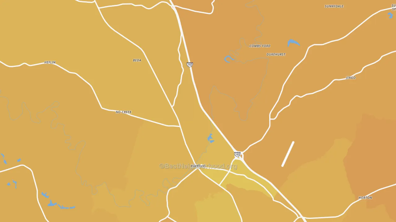 Map of the best neighborhoods in the Hartford area, with better matches in green and worse matches in red