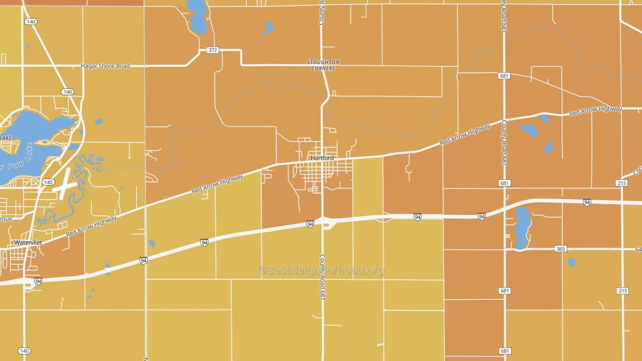 Map of the best neighborhoods in the Hartford area, with better matches in green and worse matches in red