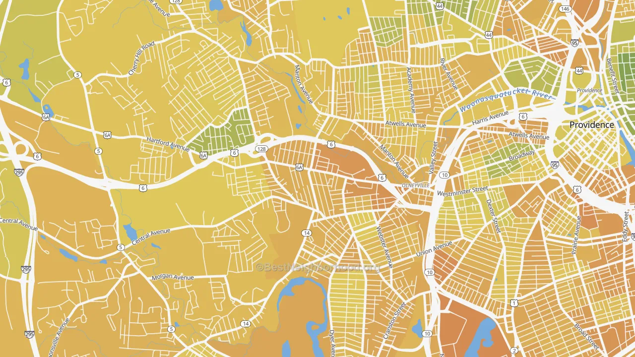 Map of the best neighborhoods in the Hartford, Providence area, with better matches in green and worse matches in red