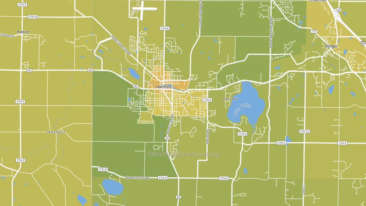 Map of the best neighborhoods in the Hartford area, with better matches in green and worse matches in red