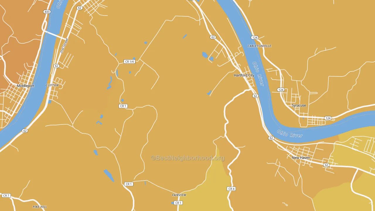 Map of the best neighborhoods in the Hartford area, with better matches in green and worse matches in red