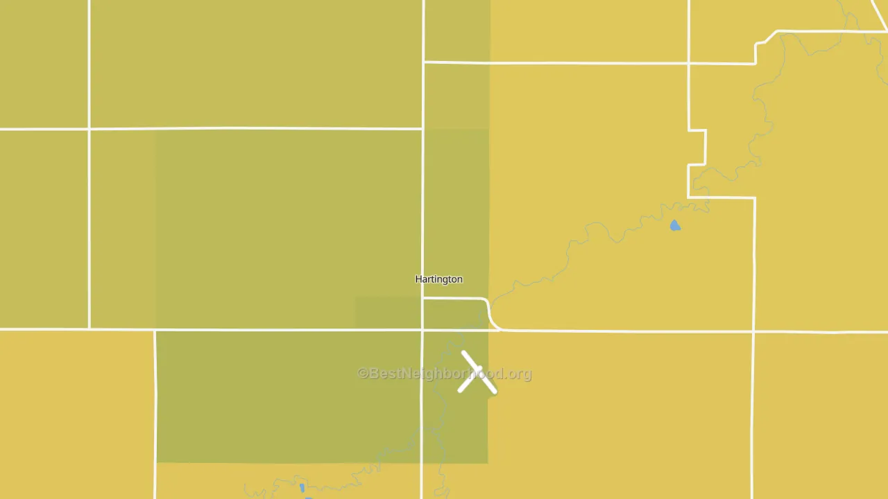 Map of the best neighborhoods in the Hartington area, with better matches in green and worse matches in red
