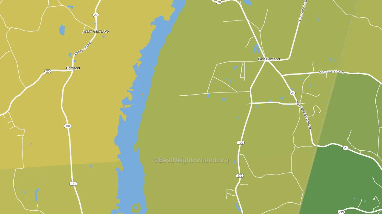 Map of the best neighborhoods in the Hartland area, with better matches in green and worse matches in red