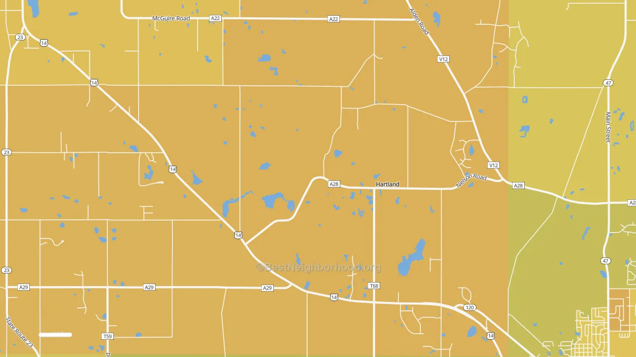 Map of the best neighborhoods in the Hartland area, with better matches in green and worse matches in red