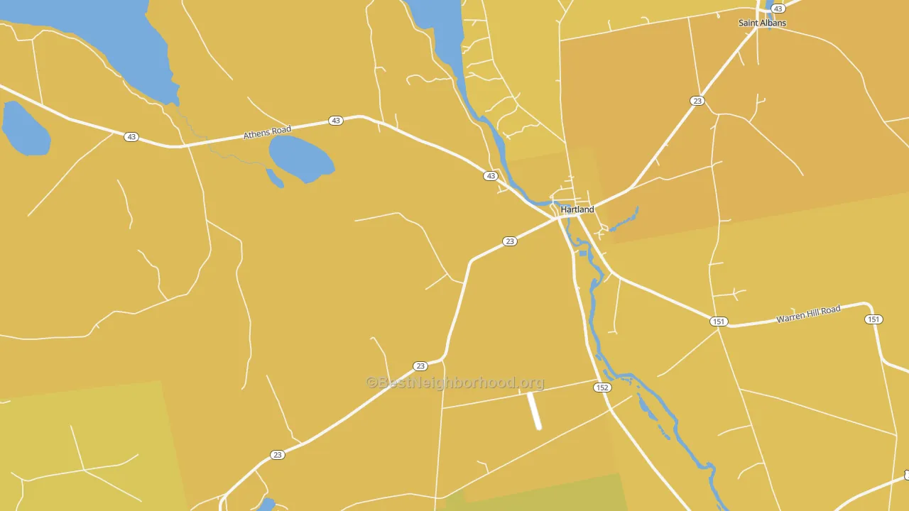 Map of the best neighborhoods in the Hartland area, with better matches in green and worse matches in red