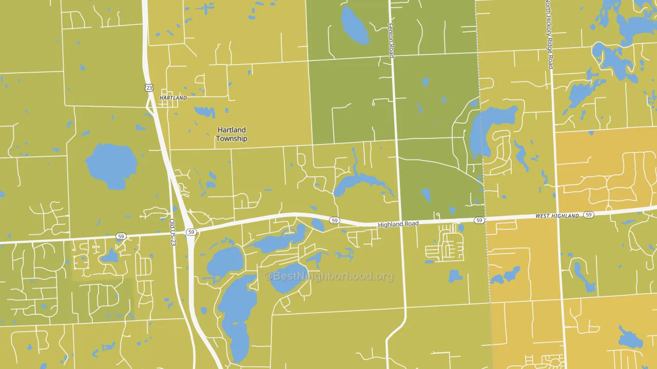 Map of the best neighborhoods in the Hartland area, with better matches in green and worse matches in red