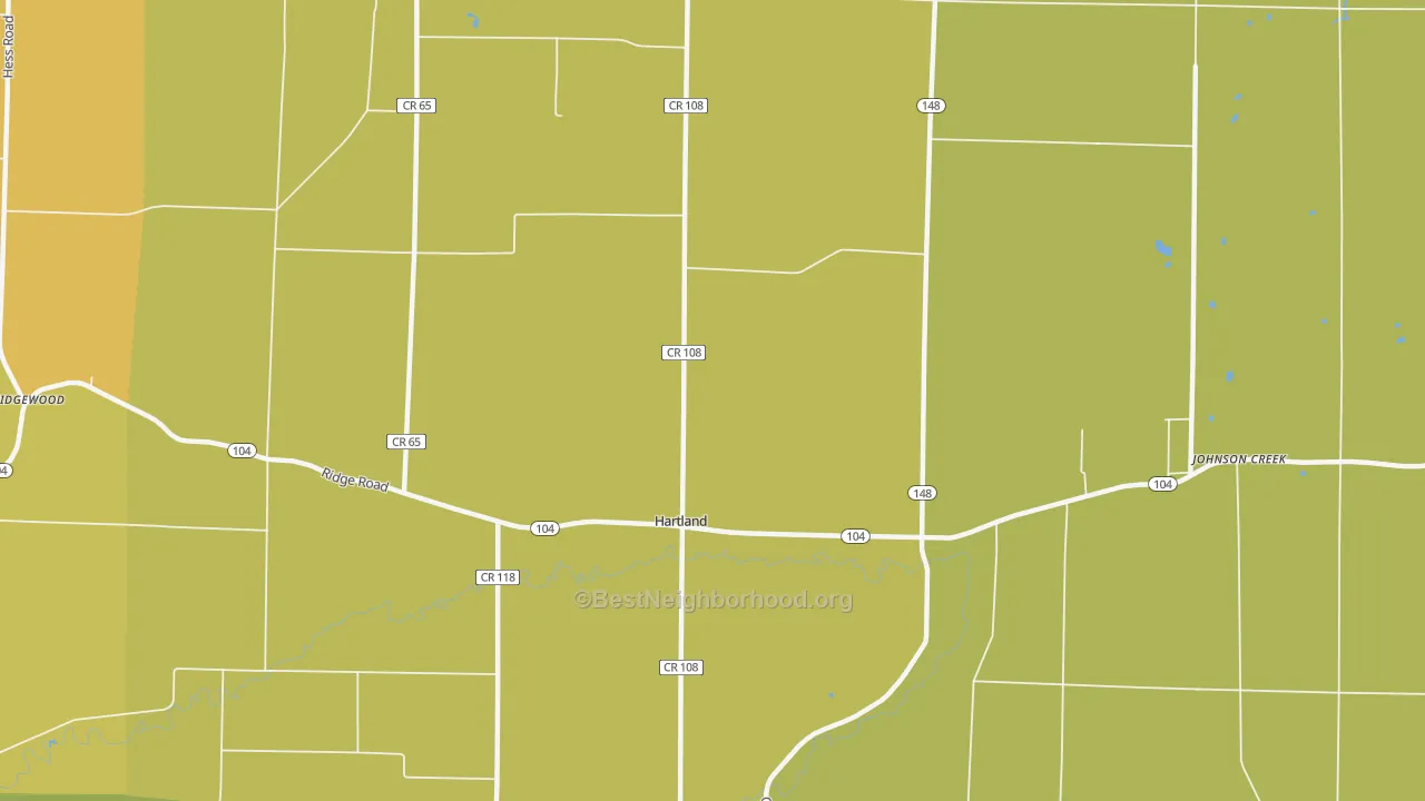 Map of the best neighborhoods in the Hartland area, with better matches in green and worse matches in red