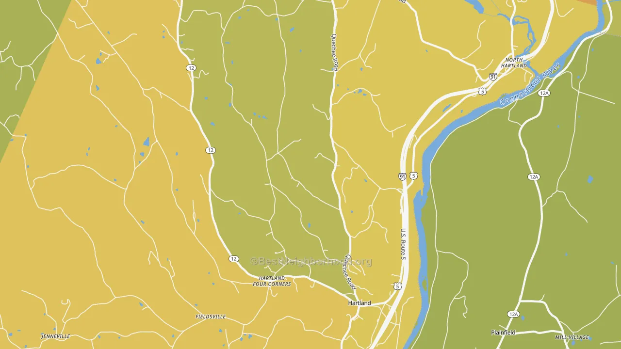 Map of the best neighborhoods in the Hartland area, with better matches in green and worse matches in red