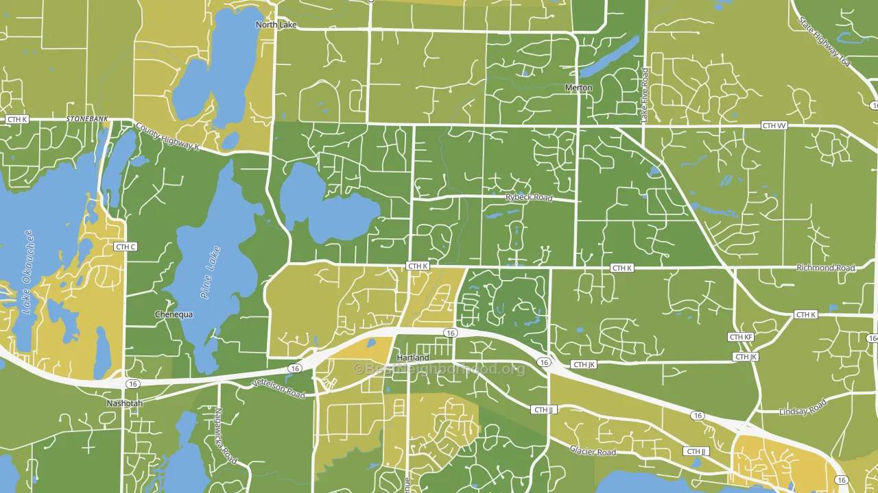 Map of the best neighborhoods in the Hartland area, with better matches in green and worse matches in red