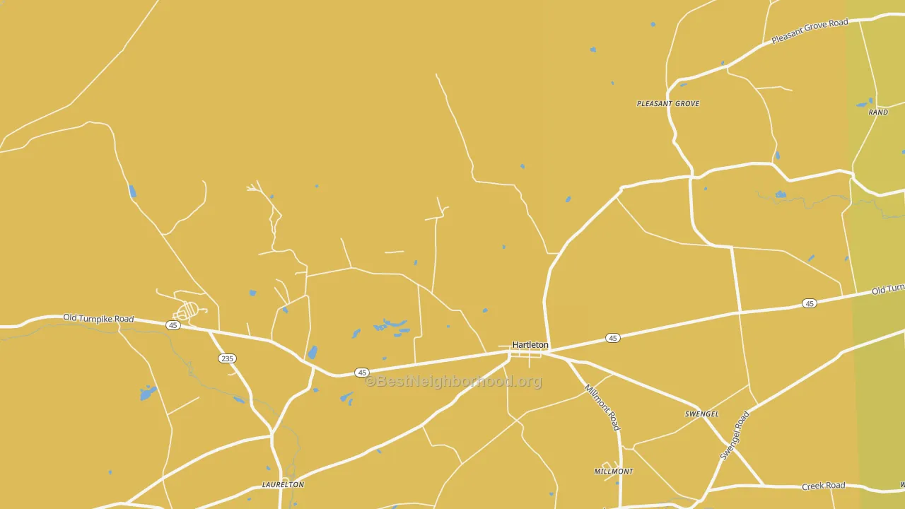 Map of the best neighborhoods in the Hartleton area, with better matches in green and worse matches in red