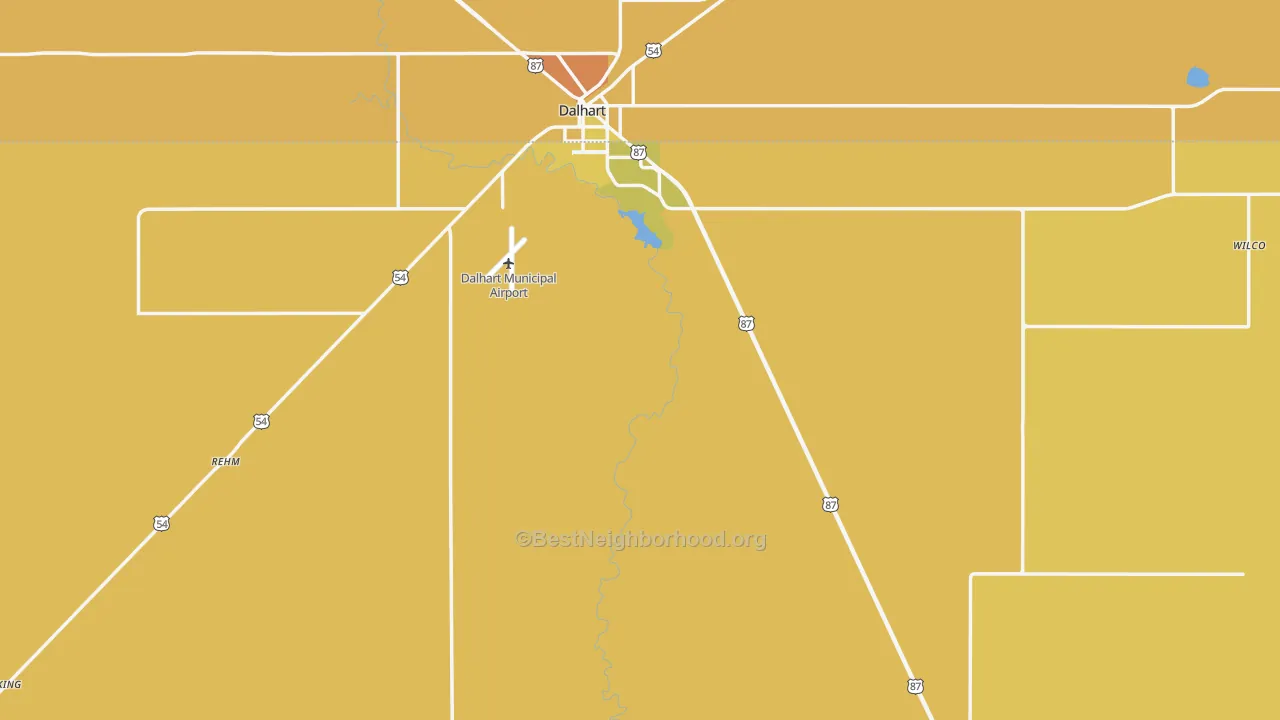 Map of the best neighborhoods in the Hartley County area, with better matches in green and worse matches in red